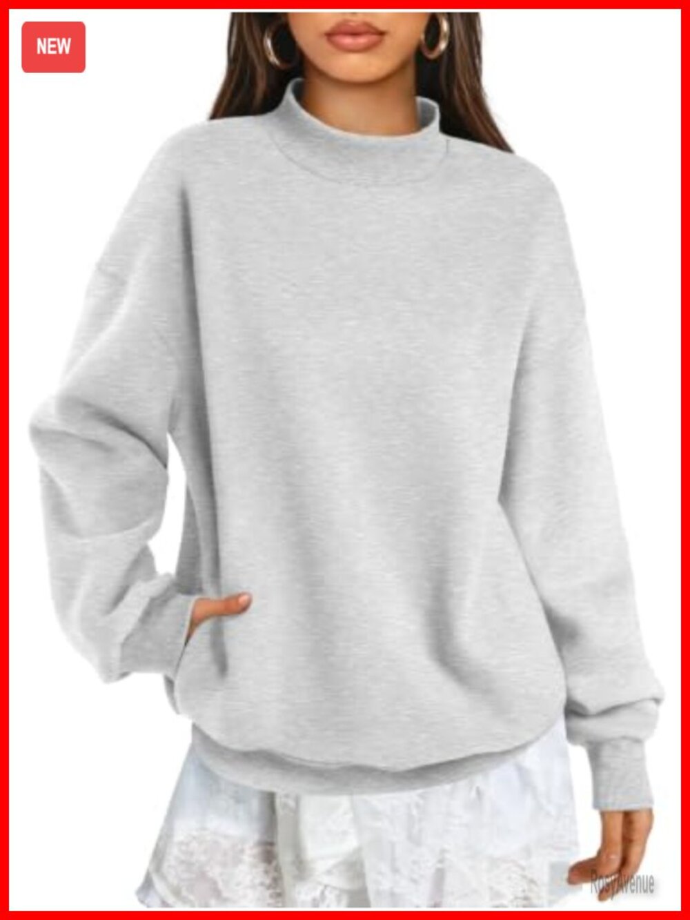 Oversized Cotton Blend Mock Neck Sweatshirt Fleece Lined Pullover